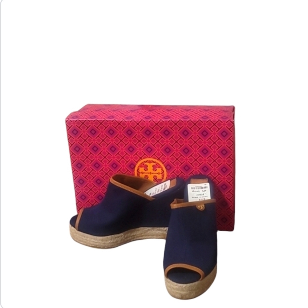 Tory Burch Navy Blue Espadrille Wedge Heels with Tan Trim